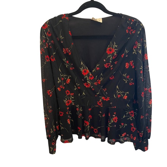 Ember Tops - Ember Black Red Floral Peplum Blouse Sheer Top Women L Whimsigoth Career